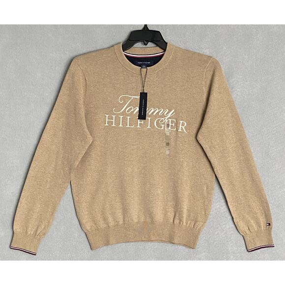 Tommy Hilfiger Men's XS Signature Crew Neck Sweater Embroidered Logo Beige NEW - Picture 2 of 12